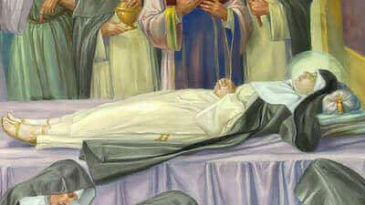 Sainte Amélie exposée sur un lit funéraire